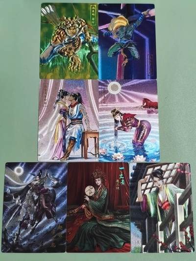 光影卡牌第28期，各家亲签，各家套卡，持续收拍品 - 龙耀特卡7张，光刻嫁衣三娘、解珍、金莲、时迁、沐浴三娘、燕青李师师、杆子女赵云6张粗闪