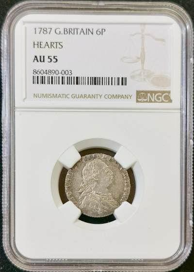 甄臻铺-世界币章拍卖（第48期）精品场拍品征集中，送拍享返佣金等优惠多多 - NGC-AU55 1787年英国乔治三世六便士银币，正面刻有乔治三世头像，背面是六边形纹章图案和十字星装饰