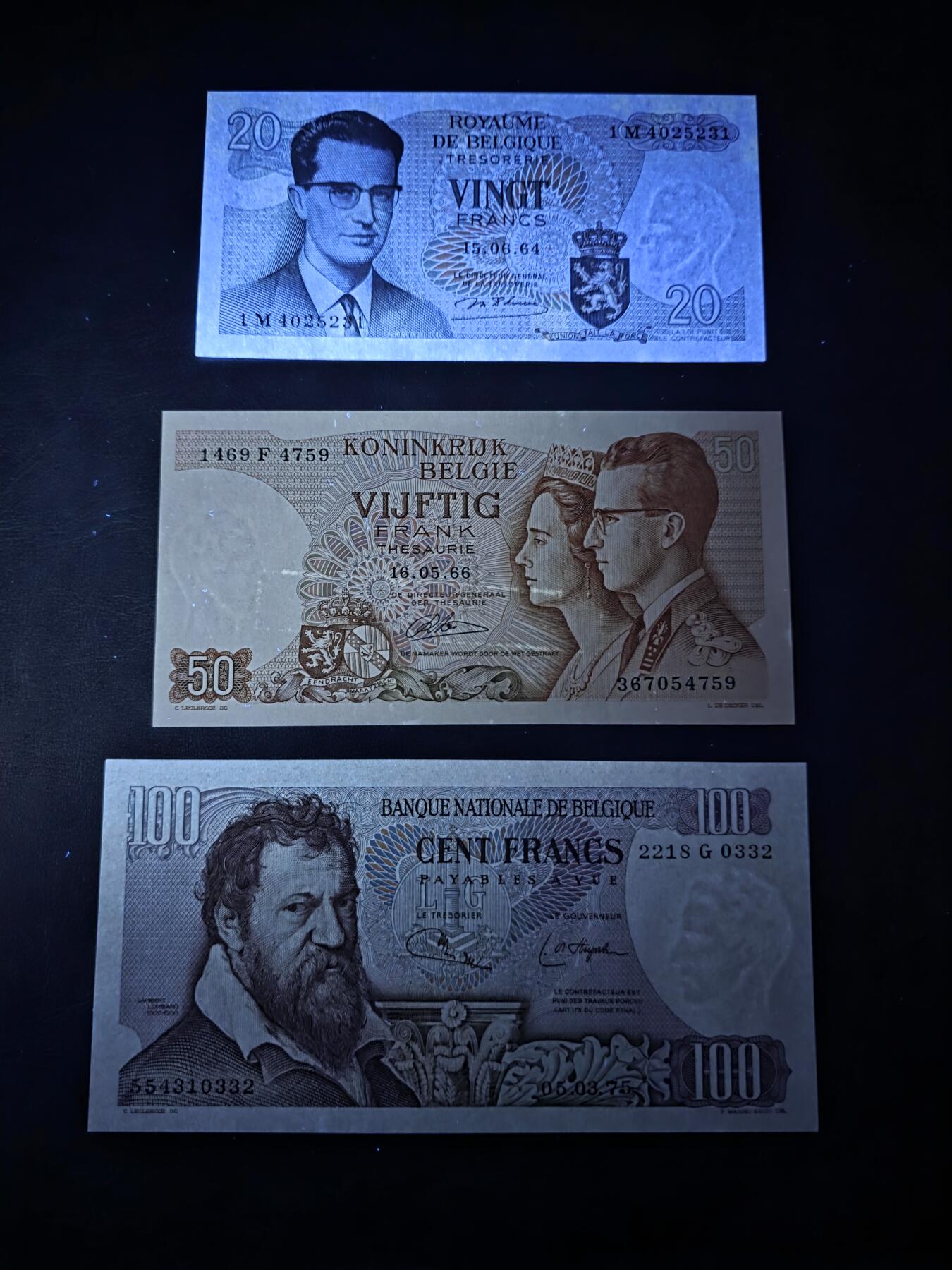 叁拾收藏第34期 比利时倒三版  小面值3张  UNC（20法郎荧光下有斑）