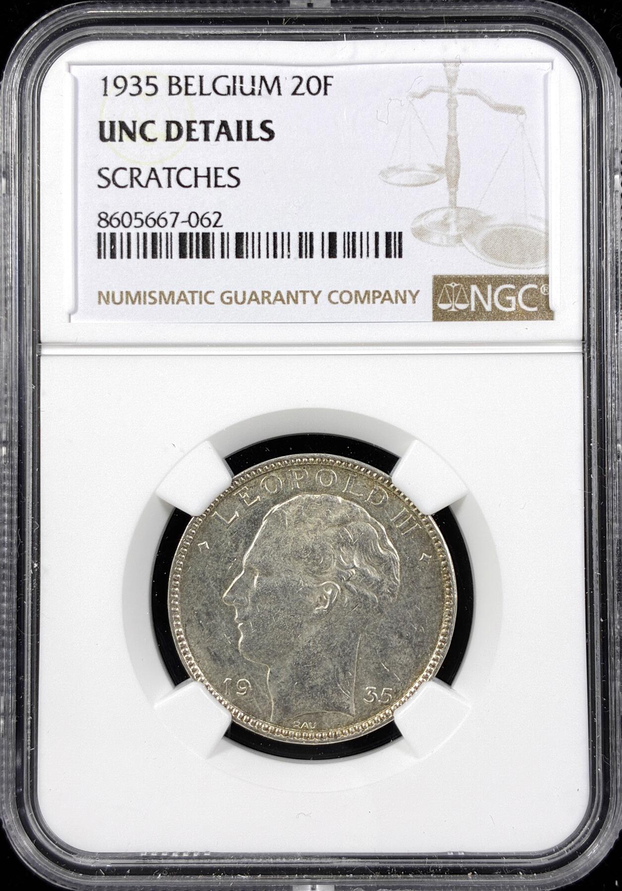 【雨安】【直播拍卖】【第0124期-评级币章】2026-01-17 周六 19:30 [评级欧洲] Belgium 比利时 20法郎 1935年 利奥波德三世  NGC-UNC