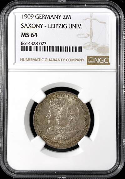【雨安】【直播拍卖】【第0124期-评级币章】2026-01-17 周六 19:30 - [评级德国] Germany 德国 帝国 J.138 萨克森 5马克 (1909) 莱比锡大学 1909年  NGC-MS64