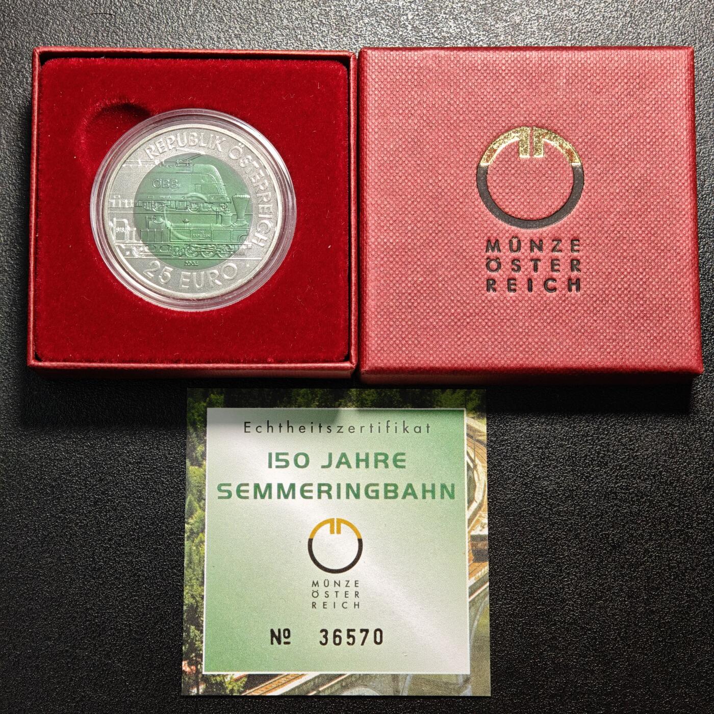 【德藏】世界币章拍卖第162期（拍品征集中~欢迎藏友联系） 2004年 奥地利阿尔卑斯铁路150周年25欧元银铌纪念币 原盒 带证书