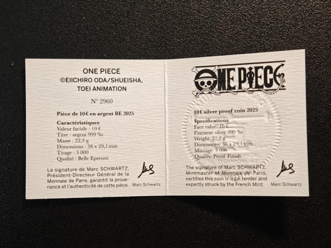 【德藏】世界币章拍卖第162期（拍品征集中~欢迎藏友联系） 2025年 法国青春系列-海贼王10欧元矩形精制纪念银币 原盒 原证书 38mm*29mm 22.2g 999银