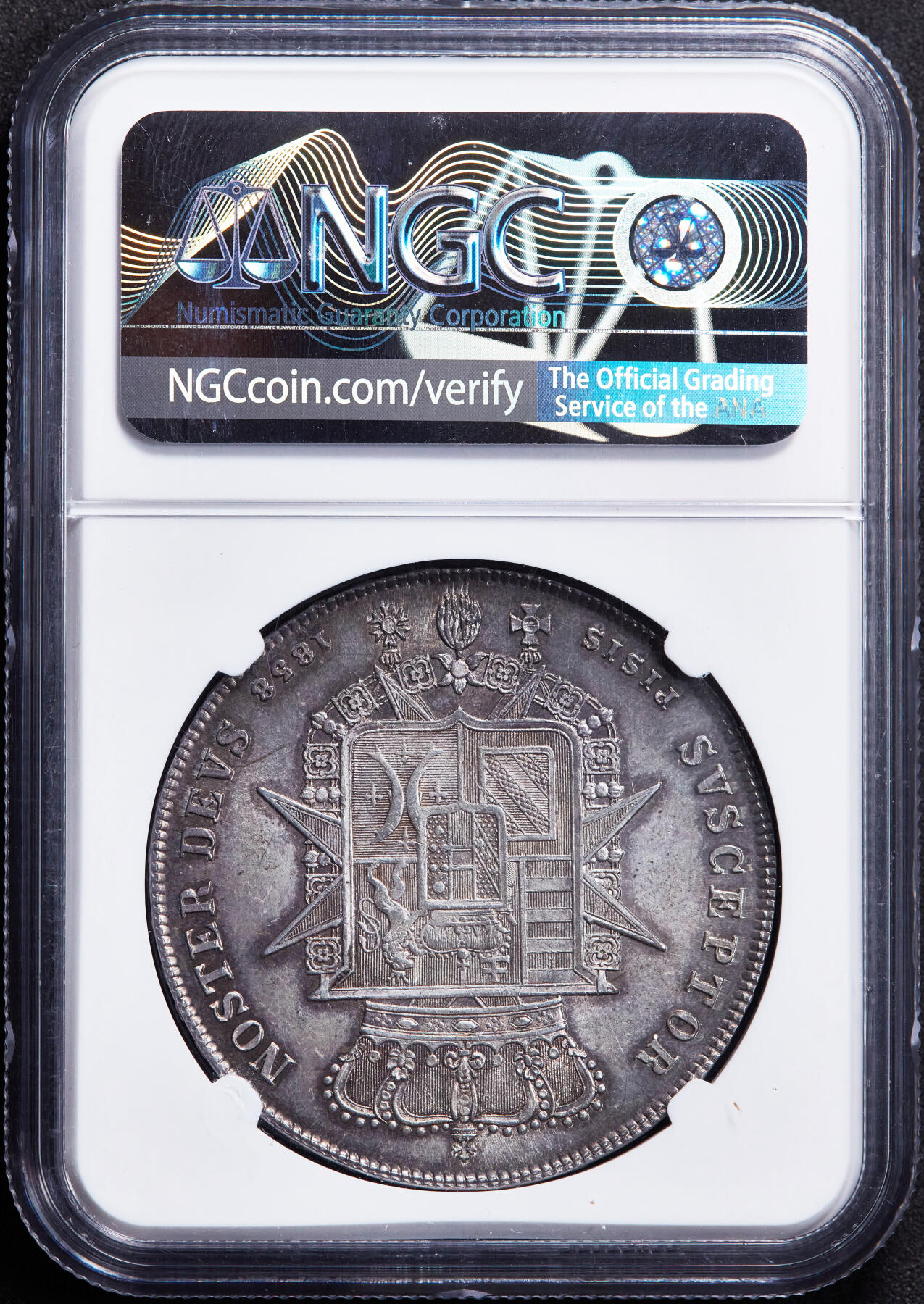 【俄甄集藏】“万象更新、马呈祥瑞”迎新春俄甄精品场-2026年(047)01-21 星期三 晚 19:30 全场包邮 意大利托斯卡纳大公国1858年利奥波德二世4菲奥里尼大银币，NGC MS63+，酱彩老包浆，原光品相，经典品种