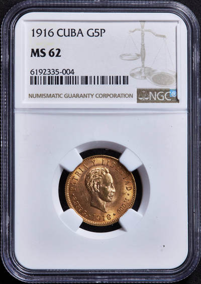 【俄甄集藏】“万象更新、马呈祥瑞”迎新春俄甄精品场-2026年(047)01-21 星期三 晚 19:30 全场包邮 - 古巴1915年国父何塞·马蒂肖像5比索金币，NGC MS62，转光品相，重8.3592克，900金，发行量69600枚，经典品种