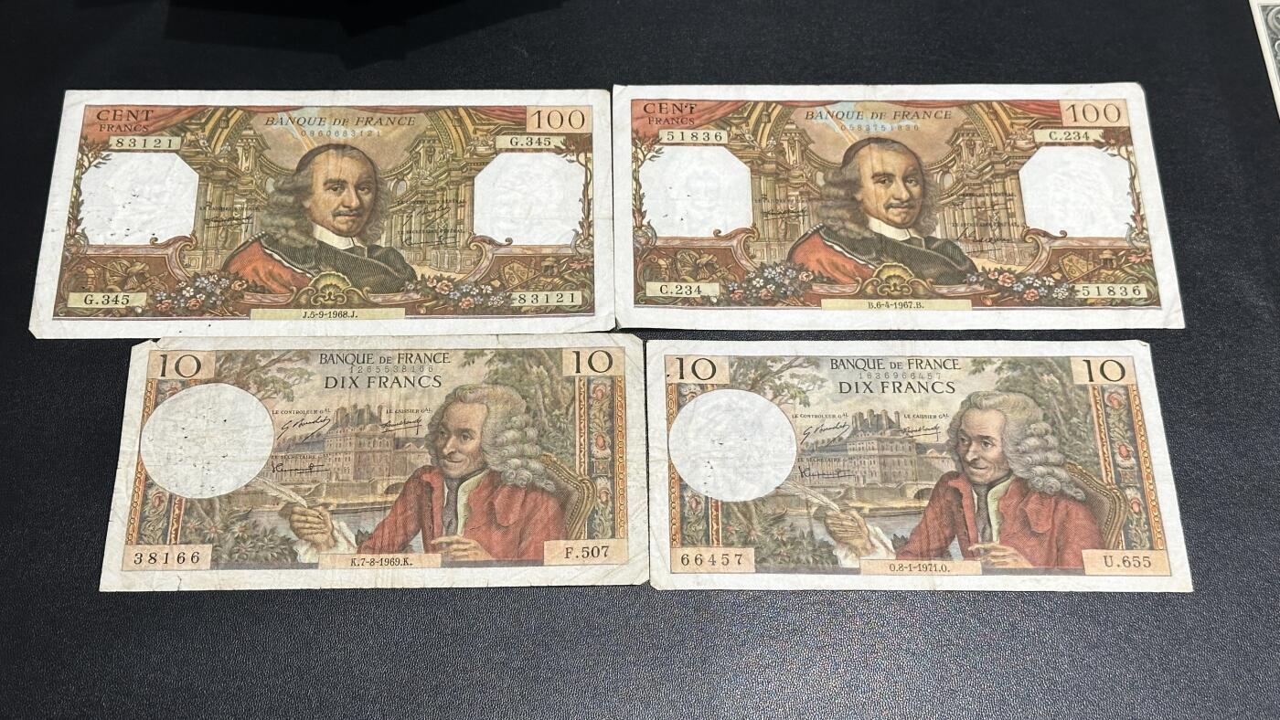 《外钞收藏家》第六百零三期（精选场）（本平台长期征集拍品、欢迎藏友们联系合作） 法国10和100法郎 四张一起 非全新 品相如图