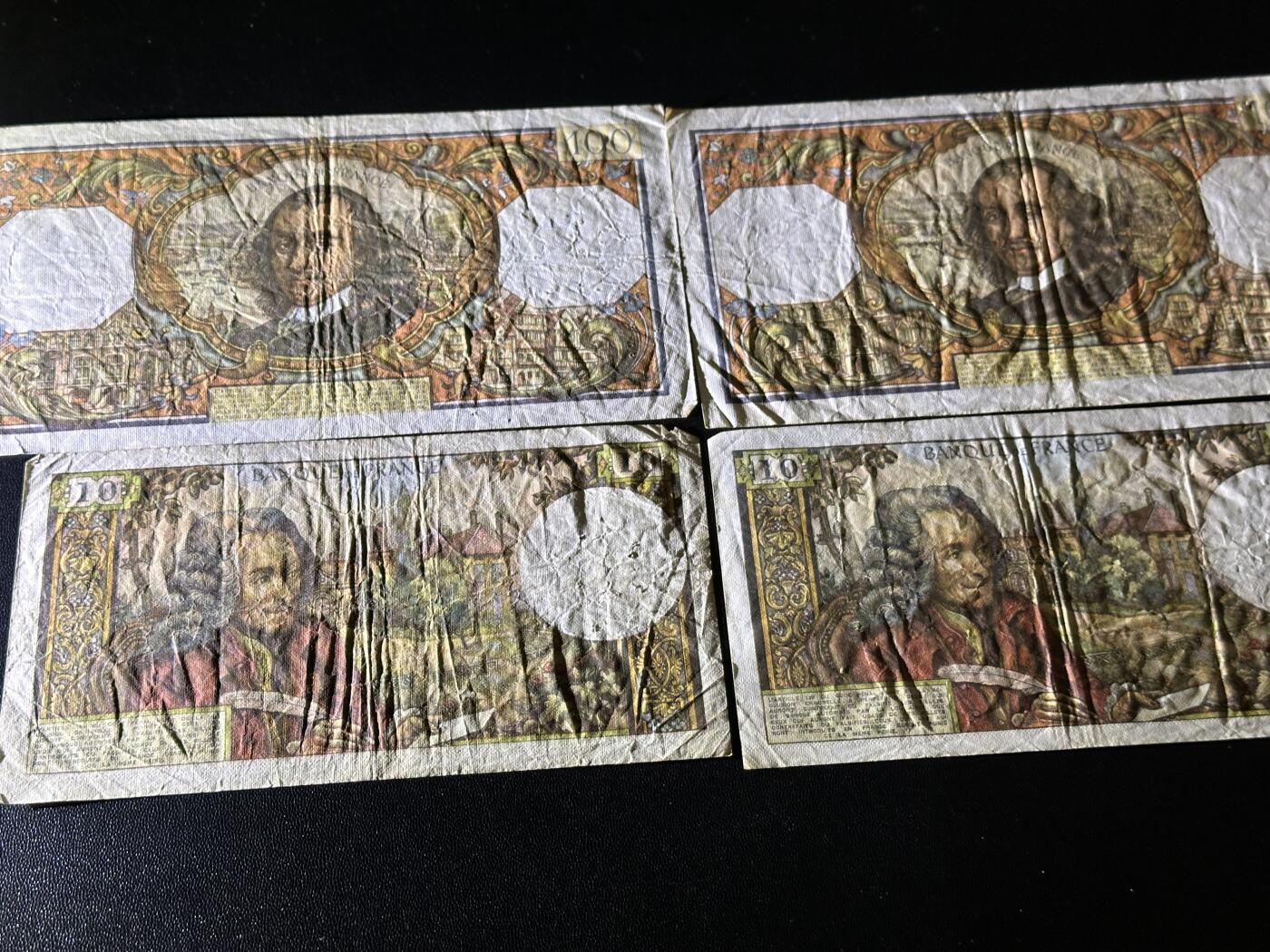 《外钞收藏家》第六百零三期（精选场）（本平台长期征集拍品、欢迎藏友们联系合作） 法国10和100法郎 四张一起 非全新 品相如图