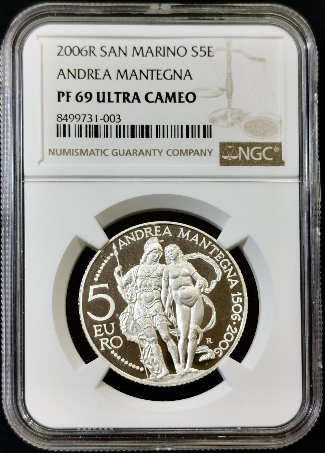 甄臻铺-世界币章拍卖（第48期）精品场拍品征集中，送拍享返佣金等优惠多多 NGC-PF69 分圣马力诺2006年5欧元银币，意大利画家安德烈亚·曼特尼亚逝世500周年精制纪念银币