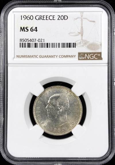 【雨安】【直播拍卖】【第0124期-评级币章】2026-01-17 周六 19:30 - [评级欧洲] Greece 希腊 20德拉克马 1960年  NGC-MS64