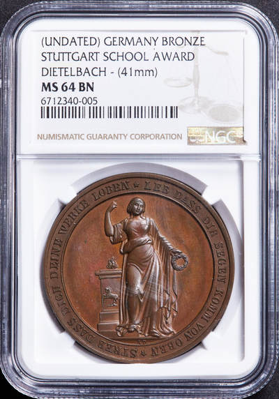 【俄甄集藏】“万象更新、马呈祥瑞”迎新春俄甄精品场-2026年(047)01-21 星期三 晚 19:30 全场包邮 - 德国19世纪斯图加特工商业协会颁发工业学院铜质奖章，NGC MS64，工业女神造像，巧克力包浆，高浮雕，设计精美