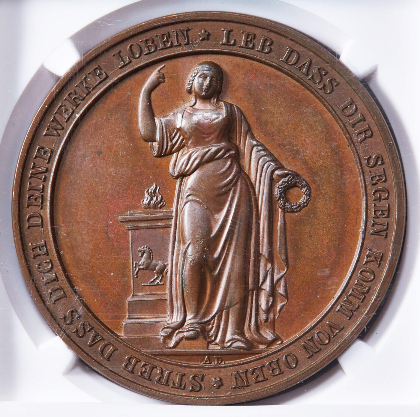 【俄甄集藏】“万象更新、马呈祥瑞”迎新春俄甄精品场-2026年(047)01-21 星期三 晚 19:30 全场包邮 德国19世纪斯图加特工商业协会颁发工业学院铜质奖章，NGC MS64，工业女神造像，巧克力包浆，高浮雕，设计精美