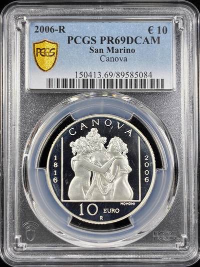 【雨安】【直播拍卖】【第0124期-评级币章】2026-01-17 周六 19:30 - [评级欧元] San Marino 欧元 圣马力诺 10欧元 2006年 雕塑大师卡诺瓦 PCGS-PR69DCAM 精制币