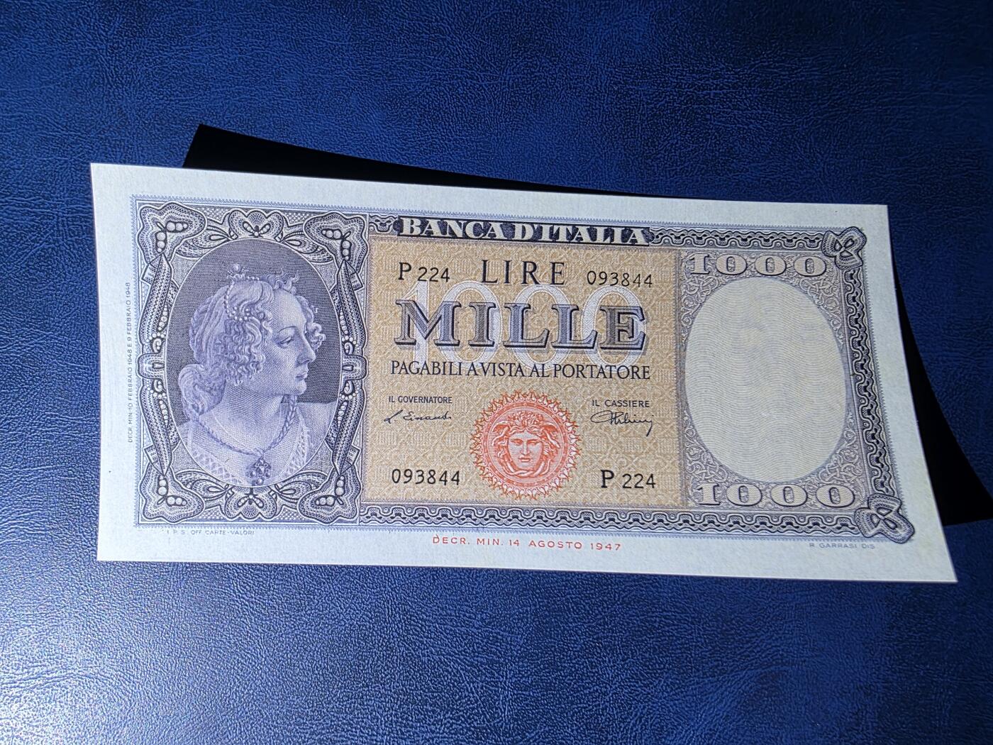 叁拾收藏第34期 意大利1947年1000里拉  UNC