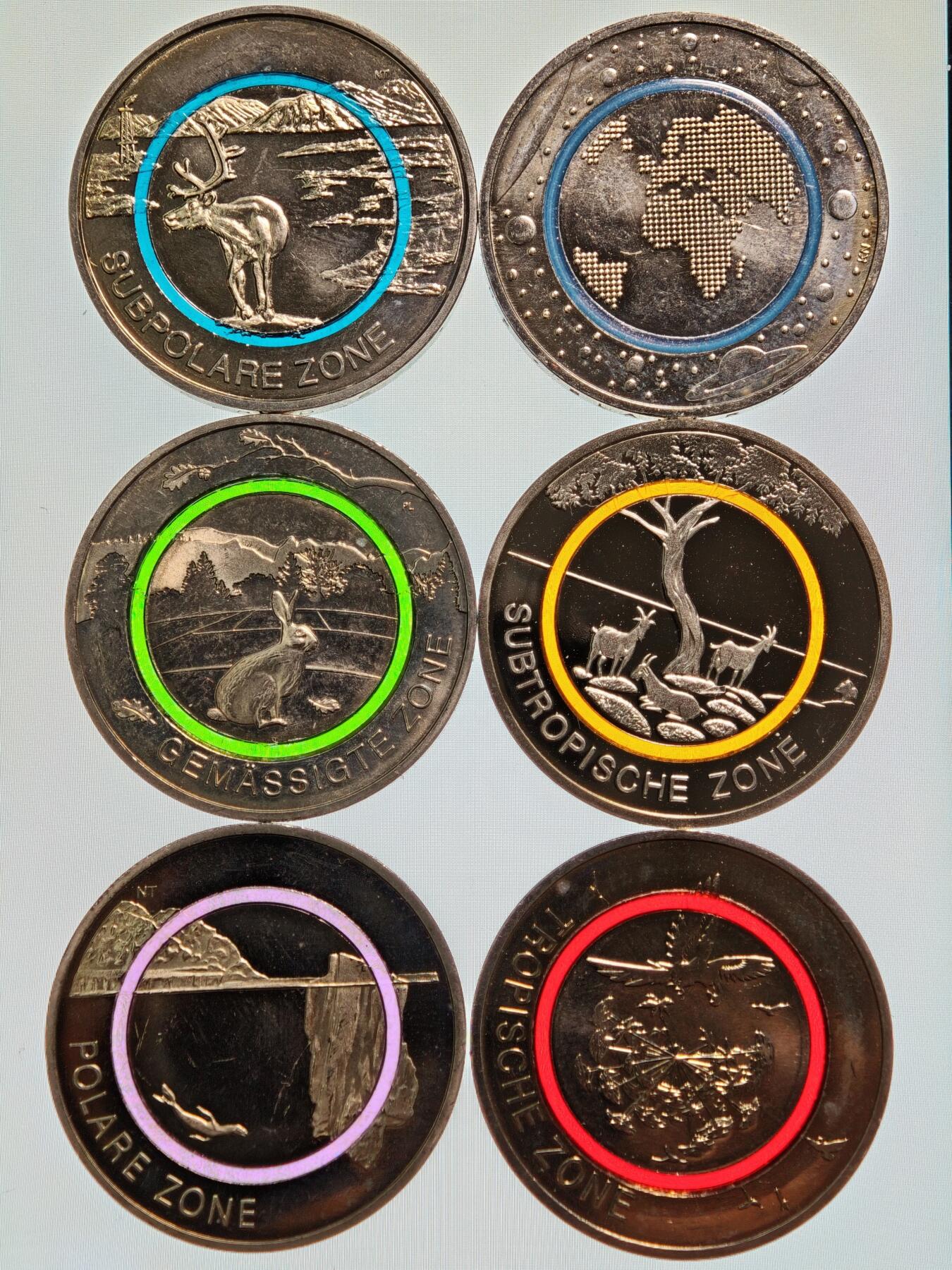 【德藏】世界币章拍卖第162期（拍品征集中~欢迎藏友联系） 6枚一组 德国气候带系列5欧元纪念聚能环镍币 直径约：27.2mm/枚；重约：8.9g/枚