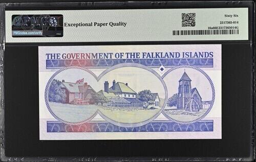 【礼羽收藏】🌏世界钱币拍卖第120期 PMG福克兰群岛1990年50镑A版A冠首发无3457朦胧号(女王伊丽莎白二世头像，背面是斯坦利总督府、大教堂和鲸骨纪念碑图)雕刻精凹凸有致荧光漂亮