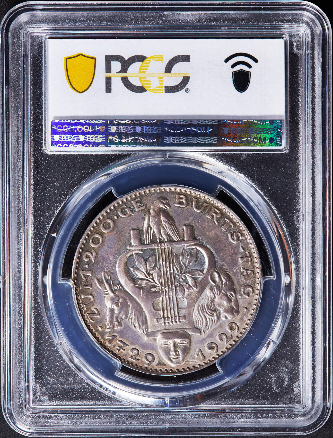 【俄甄集藏】“万象更新、马呈祥瑞”迎新春俄甄精品场-2026年(047)01-21 星期三 晚 19:30 全场包邮 德国魏玛1929年纪念作家莱辛诞辰200周年银章，PCGS SP63，黄油五彩老包浆，卡尔·哥茨作品，类精制底板，名誉品种