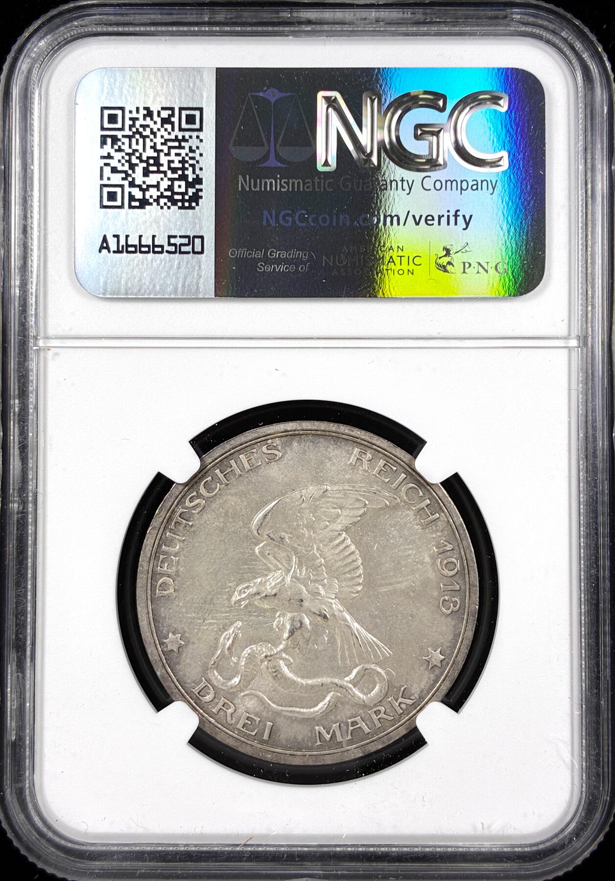 【雨安】【直播拍卖】【第0124期-评级币章】2026-01-17 周六 19:30 [评级德国] Germany 德国 帝国 普鲁士 3马克 (1913) 普法战争 1913年  NGC-MS61