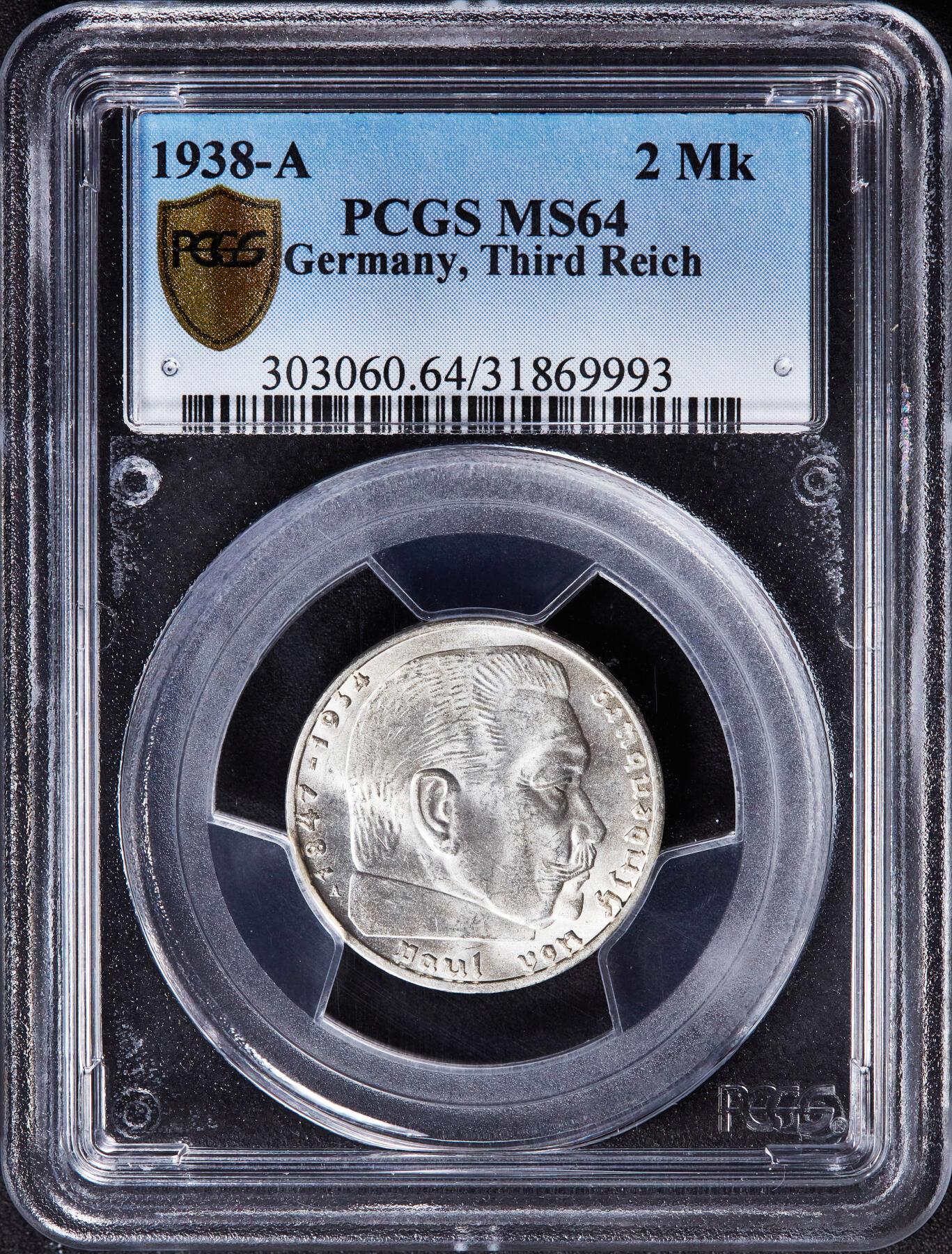 【俄甄集藏】“万象更新、马呈祥瑞”迎新春俄甄精品场-2026年(047)01-21 星期三 晚 19:30 全场包邮 德国第三帝国1938年A版2马克银币，PCGS MS64，车轮转光，原图联系客服或者查询相关官网查看