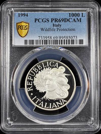 【雨安】【直播拍卖】【第0124期-评级币章】2026-01-17 周六 19:30 - [评级现代] Italy 意大利 500里拉 1994年 保护野生动物 PCGS-PR69DCAM 精制币