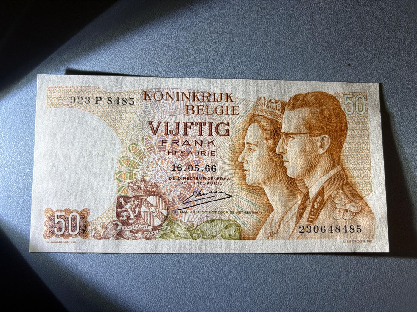 咖啡豆•收藏 2026年Jan_21th世界各国纸币拍卖 比利时 1966年 50法郎 全新UNC 外国纸币