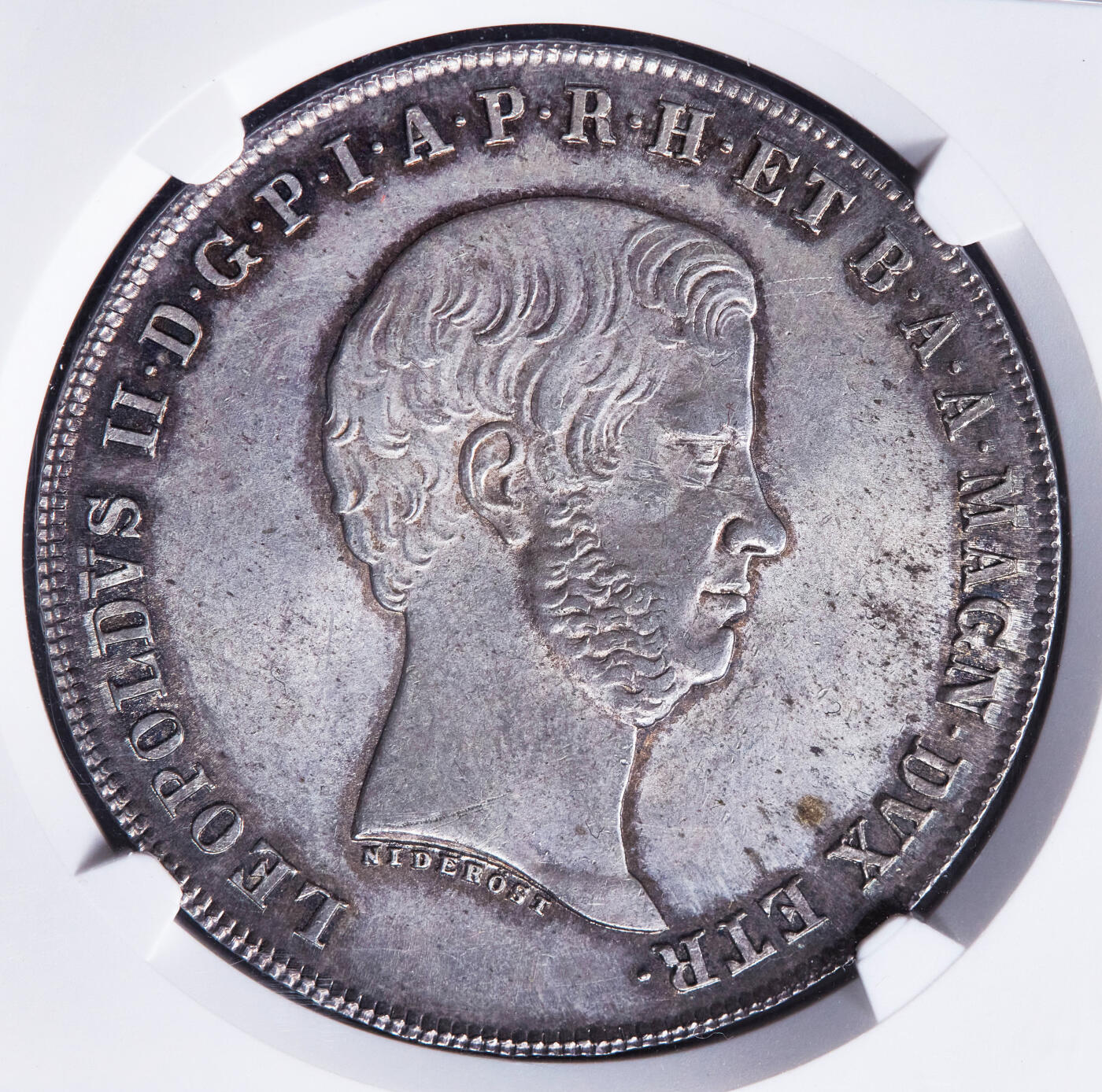 【俄甄集藏】“万象更新、马呈祥瑞”迎新春俄甄精品场-2026年(047)01-21 星期三 晚 19:30 全场包邮 意大利托斯卡纳大公国1858年利奥波德二世4菲奥里尼大银币，NGC MS63+，酱彩老包浆，原光品相，经典品种