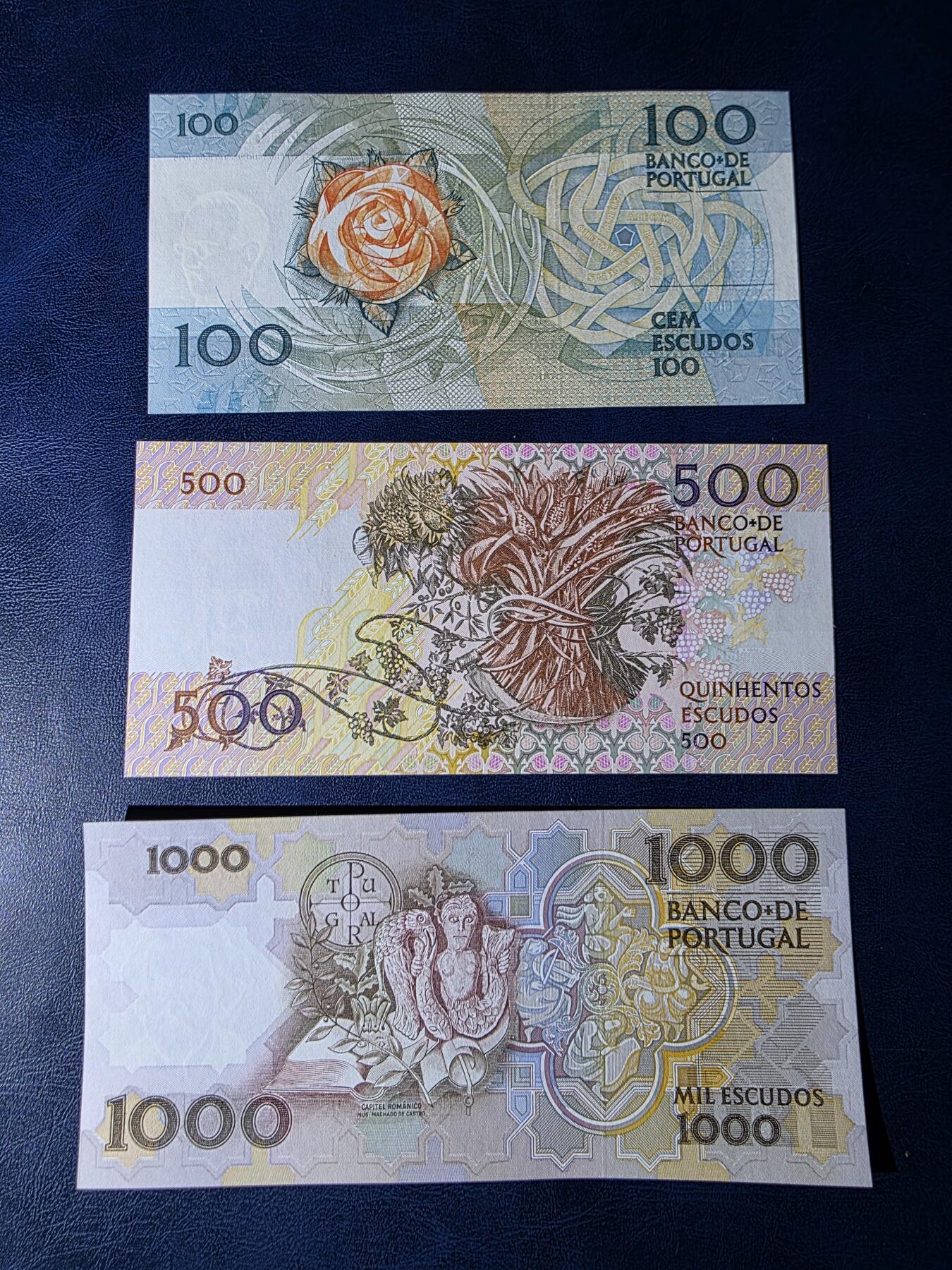 叁拾收藏第34期 葡萄牙 100.500.1000  埃斯库多  3张  UNC