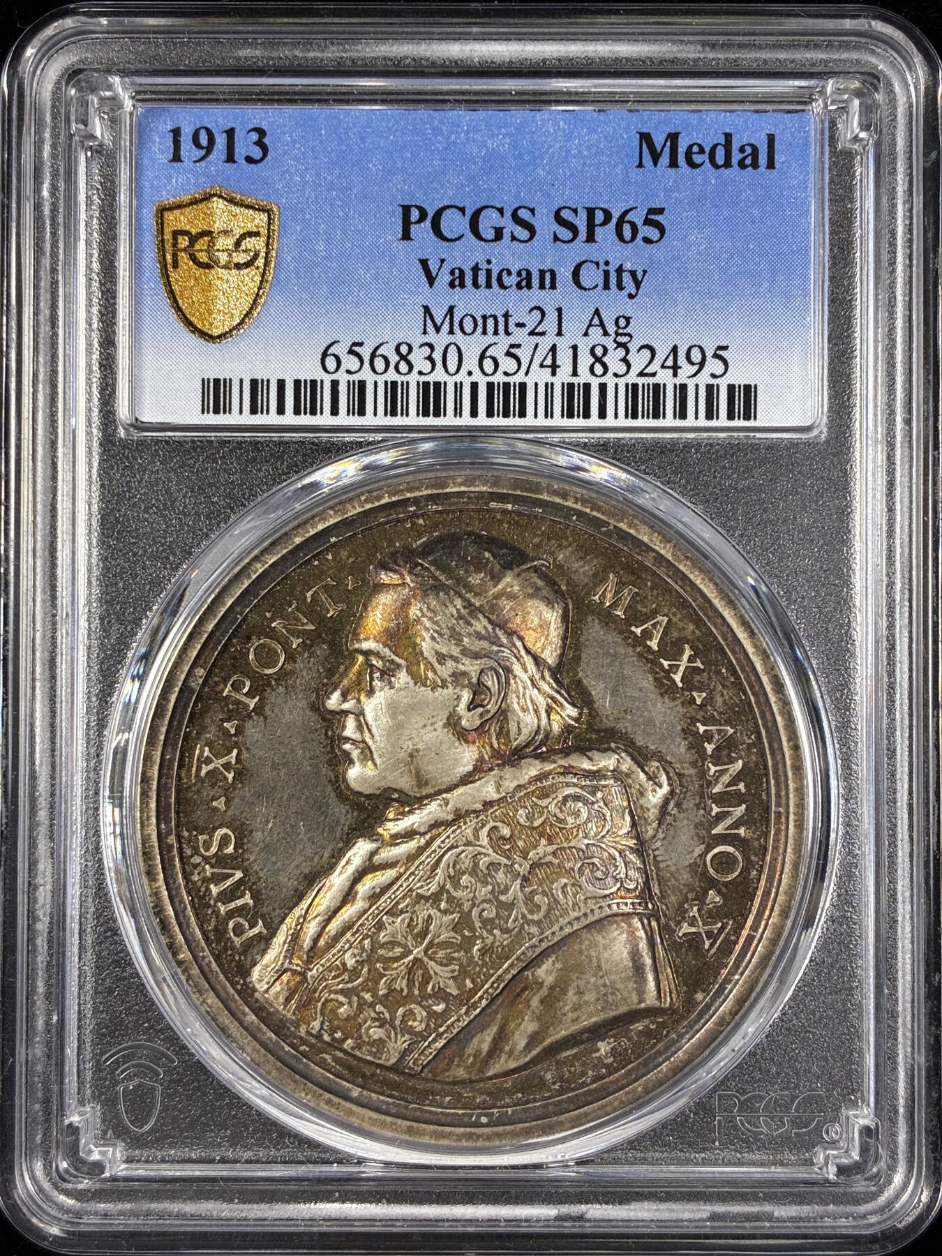 【雨安】【直播拍卖】【第0124期-评级币章】2026-01-17 周六 19:30 [评级章] Vatican [章] 梵蒂冈 1913年 庇护十世 银章 背:新卡拉布里亚神学院 PCGS-SP65