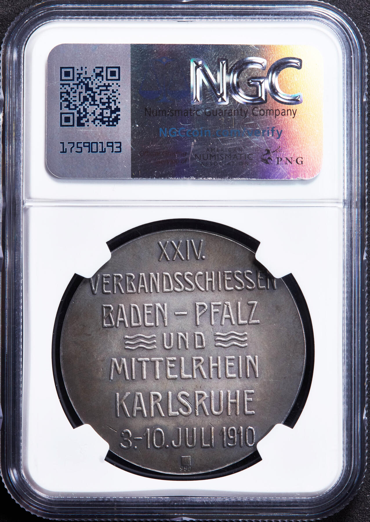 【俄甄集藏】“万象更新、马呈祥瑞”迎新春俄甄精品场-2026年(047)01-21 星期三 晚 19:30 全场包邮 德国巴登1910年弗里德里希二世大公头像纪念普法尔茨-中莱茵联邦射击节银章，NGC MS63，酱彩包浆，状态极佳