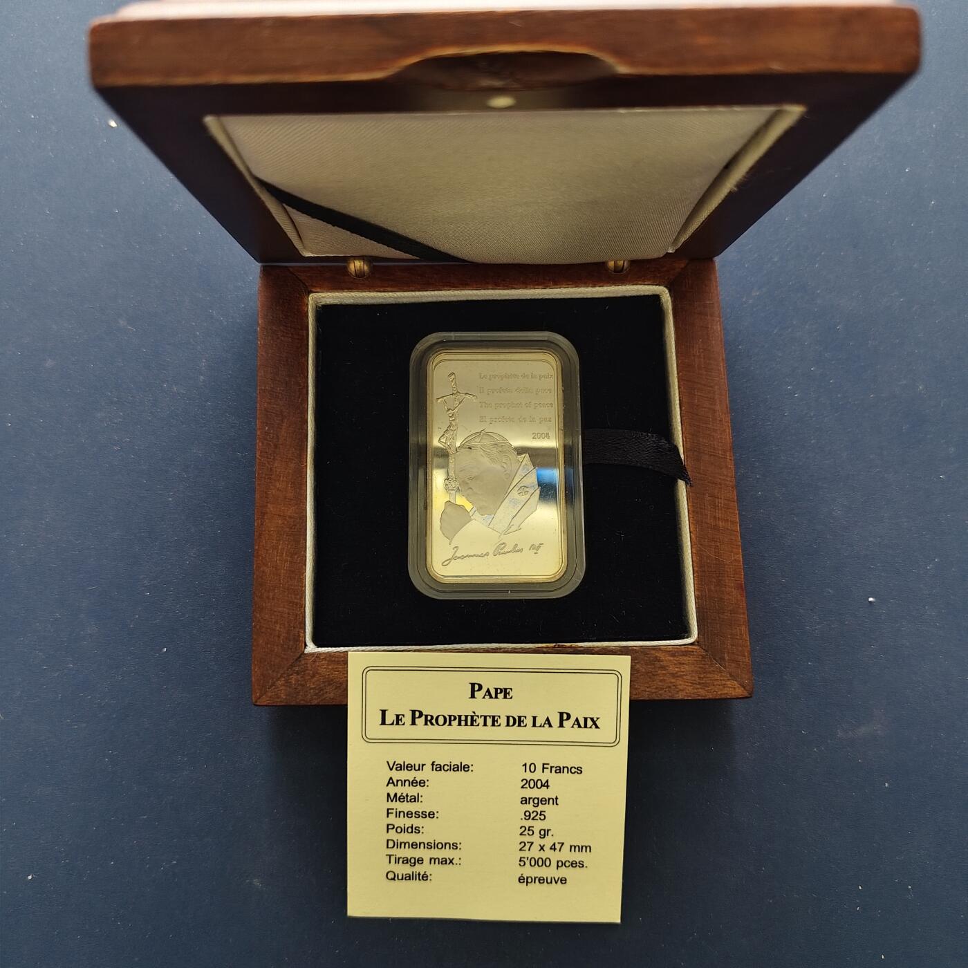 【全场包邮】纯粹捡漏拍495场-持续更新中 【少见】刚果2004年10法郎约翰·保禄二世获诺贝尔和平奖提名精制纪念银币-盒证全-量5000银币【25克，纯银价约462元（按20元银价折算）】