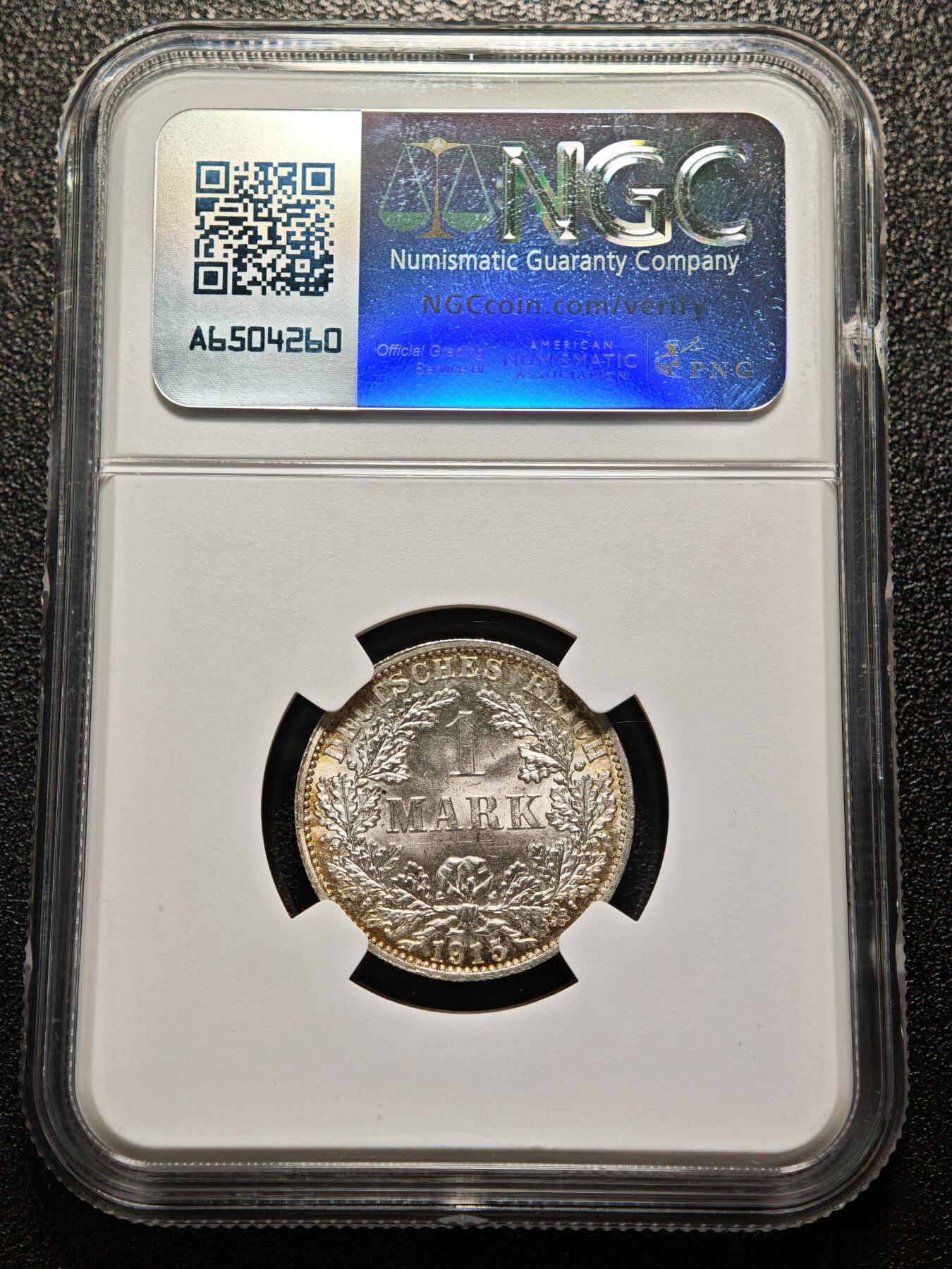 【德藏】世界币章拍卖第162期（拍品征集中~欢迎藏友联系） 1915年 德国1马克银币 NGC MS66 环形黄油包浆 原光犀利