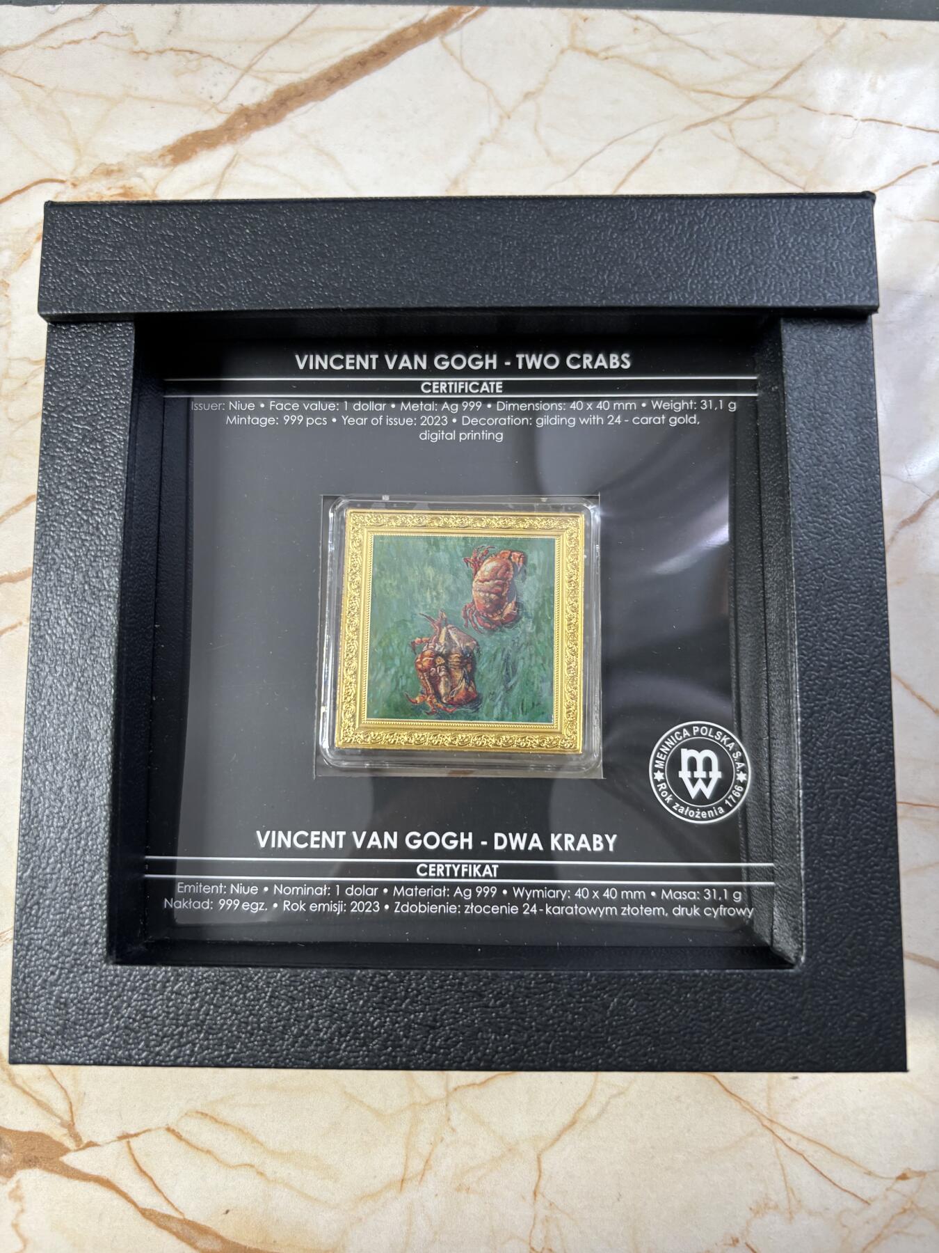 第188期拍卖 纽埃2023年世界名画系列梵高的两只螃蟹镀金彩银币1盎司,999银，发行999枚，