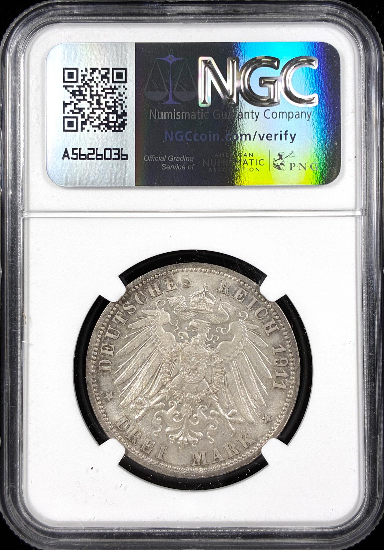 【雨安】【直播拍卖】【第0124期-评级币章】2026-01-17 周六 19:30 [评级德国] Germany 德国 帝国 符腾堡 3马克 (1911) 银婚 1911年  NGC-MS62