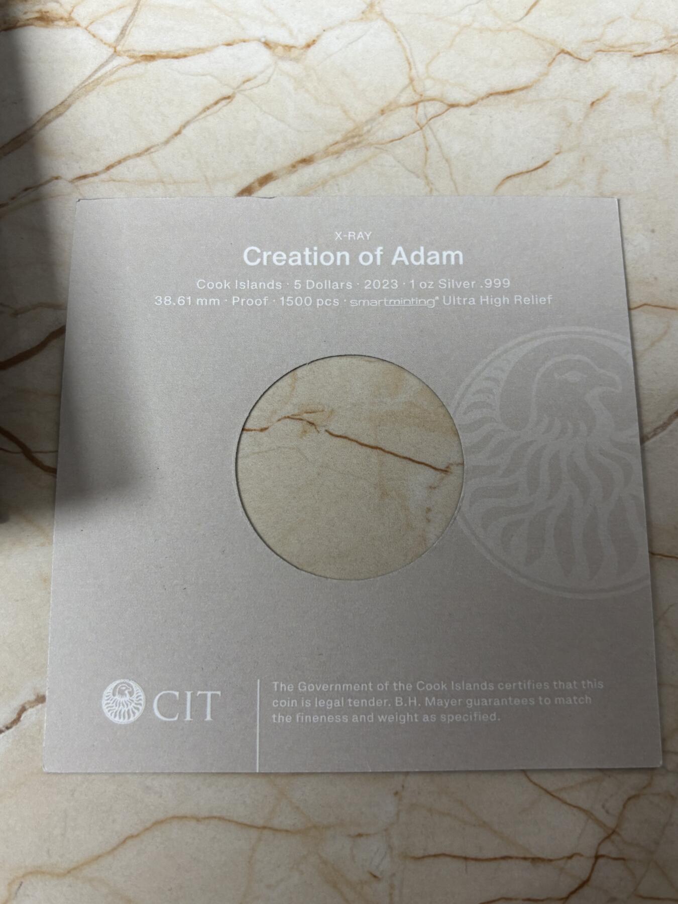 第188期拍卖 库克2023年X光3米开朗基罗创世纪1盎司银币，999银，发行1500枚