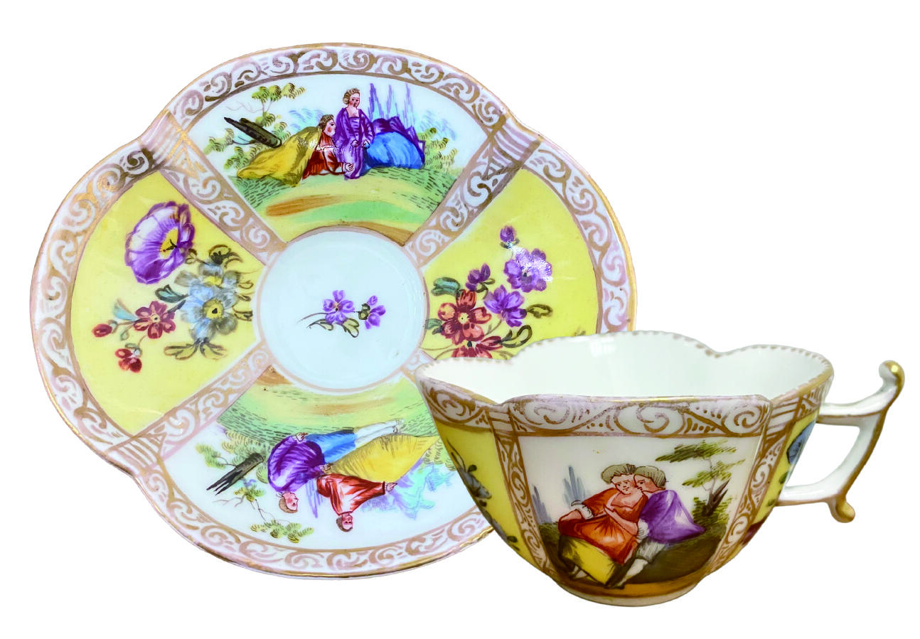 上海拍卖行2025年秋季古董珍玩拍卖会 19世纪德国梅森手绘故事场景下午茶杯、碟(AR款)