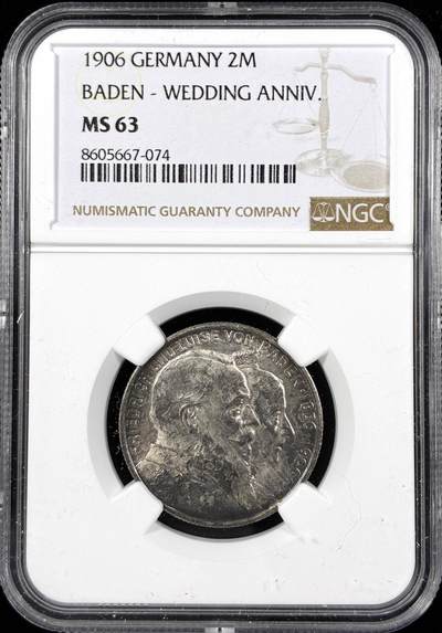 【雨安】【直播拍卖】【第0124期-评级币章】2026-01-17 周六 19:30 - [评级德国] Germany 德国 帝国 巴登 2马克 弗里德里希金婚 1906年  NGC-MS63
