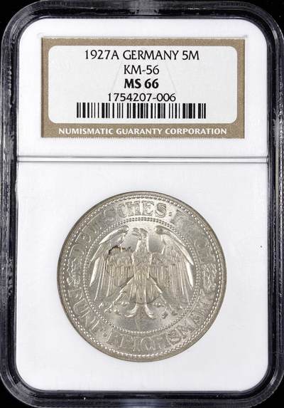 【雨安】【直播拍卖】【第0124期-评级币章】2026-01-17 周六 19:30 - [评级德国] Germany 德国 魏玛 5马克 KM#56 橡树 1927年  NGC-MS66