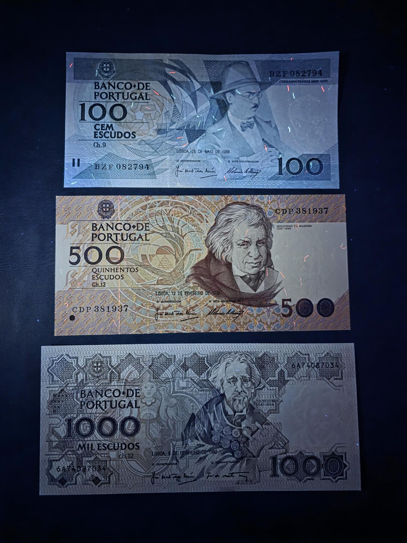 叁拾收藏第34期 葡萄牙 100.500.1000  埃斯库多  3张  UNC