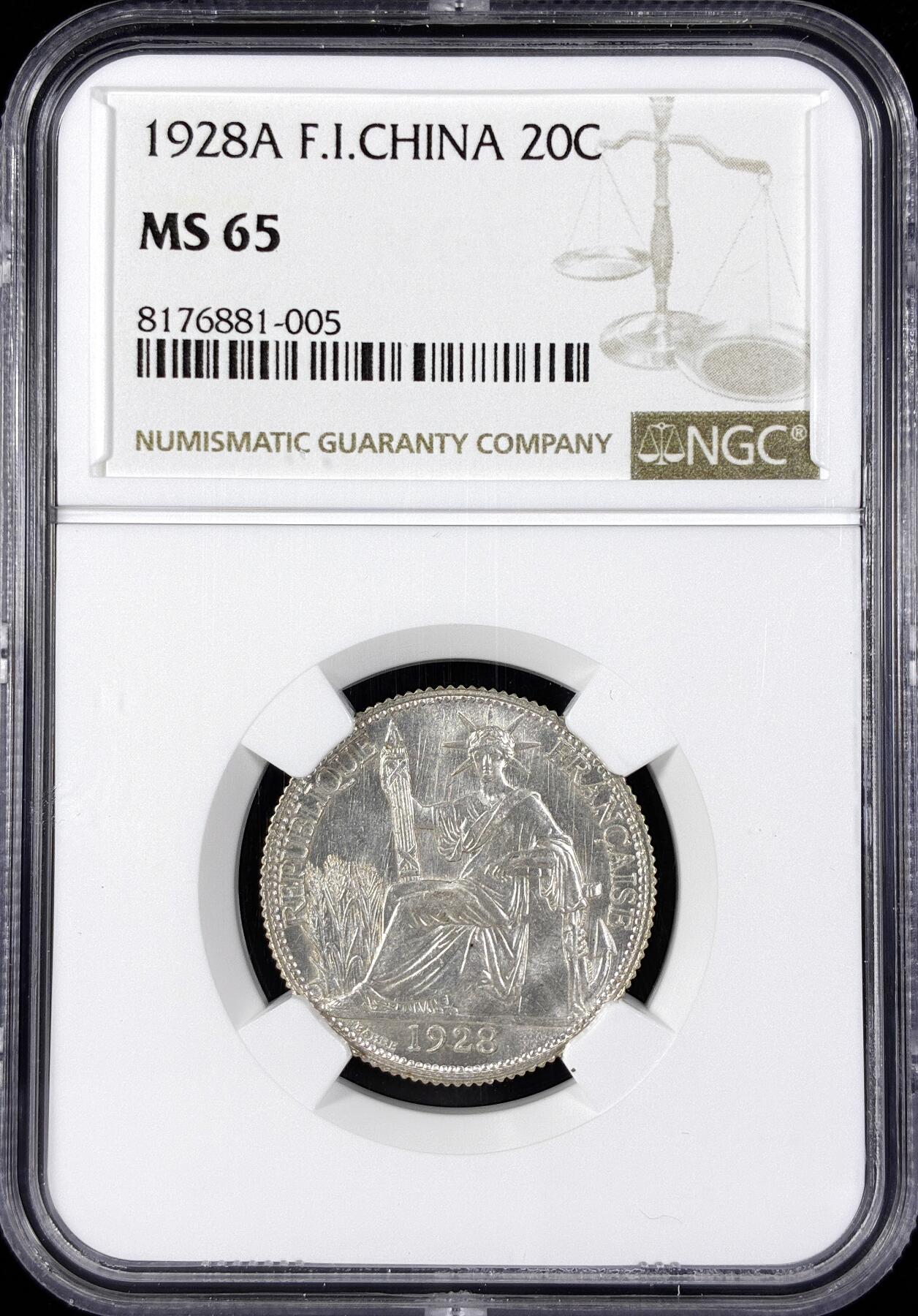 【雨安】【直播拍卖】【第0124期-评级币章】2026-01-17 周六 19:30 [评级亚洲] [贸易银] 法国 法属印支 坐洋 20分 1928年  NGC-MS65