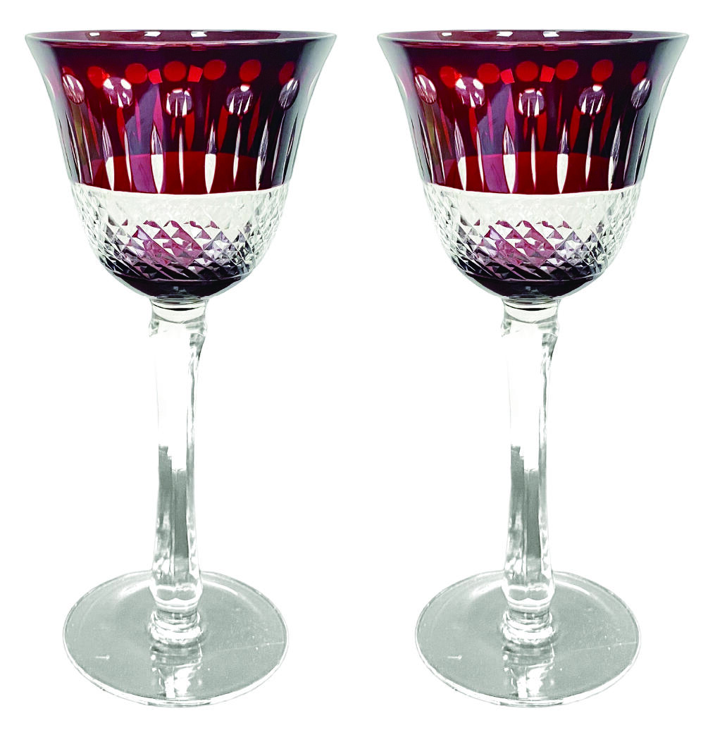 上海拍卖行2025年秋季古董珍玩拍卖会 日本制鸽血红套色车料水晶高脚红酒杯(H:19.5cm)