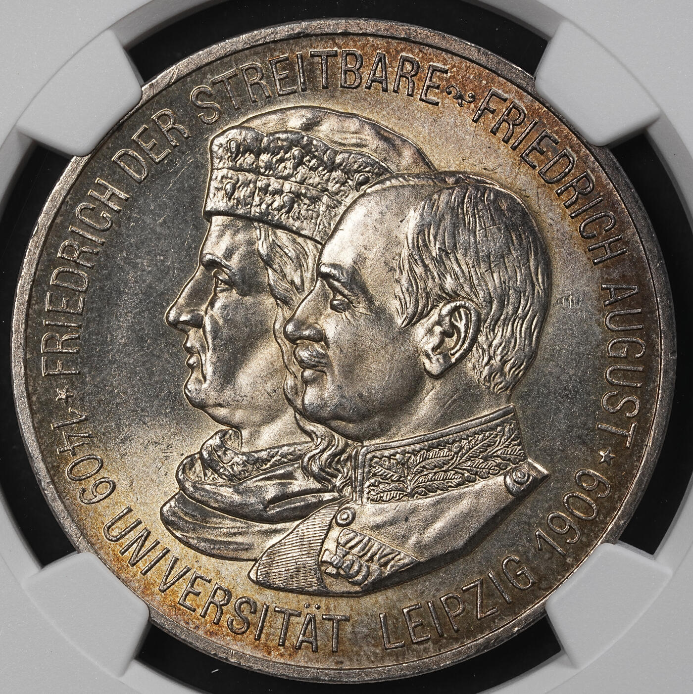 修遠堂世界钱币第101期 NGC MS64 1909年萨克森王国 “莱比锡大学 500 周年纪念” 5马克大银币 五彩