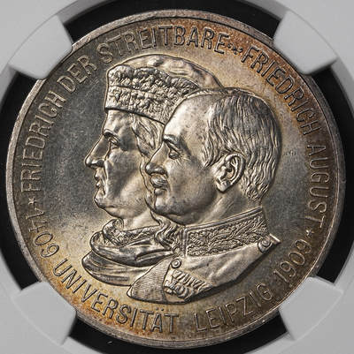 修遠堂世界钱币第101期 - NGC MS64 1909年萨克森王国 “莱比锡大学 500 周年纪念” 5马克大银币 五彩