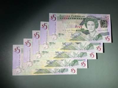 【礼羽收藏】🌏世界钱币拍卖第120期 - 东加勒比08年女王版5$(纸质钞)一组5张凹凸感爆满UNC+
