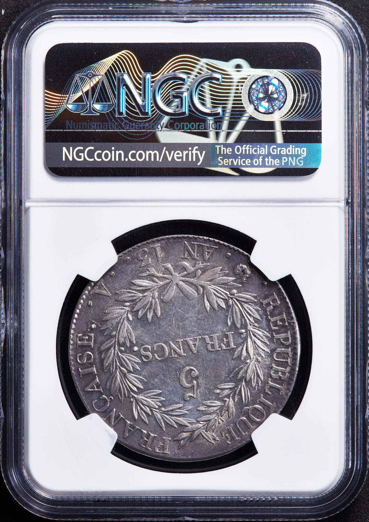 【俄甄集藏】“万象更新、马呈祥瑞”迎新春俄甄精品场-2026年(047)01-21 星期三 晚 19:30 全场包邮 法国1805年拿破仑一世共和版5法郎大银币，NGC MS62，紫罗兰酱彩老包浆，转光品相，味道一流，名誉品种