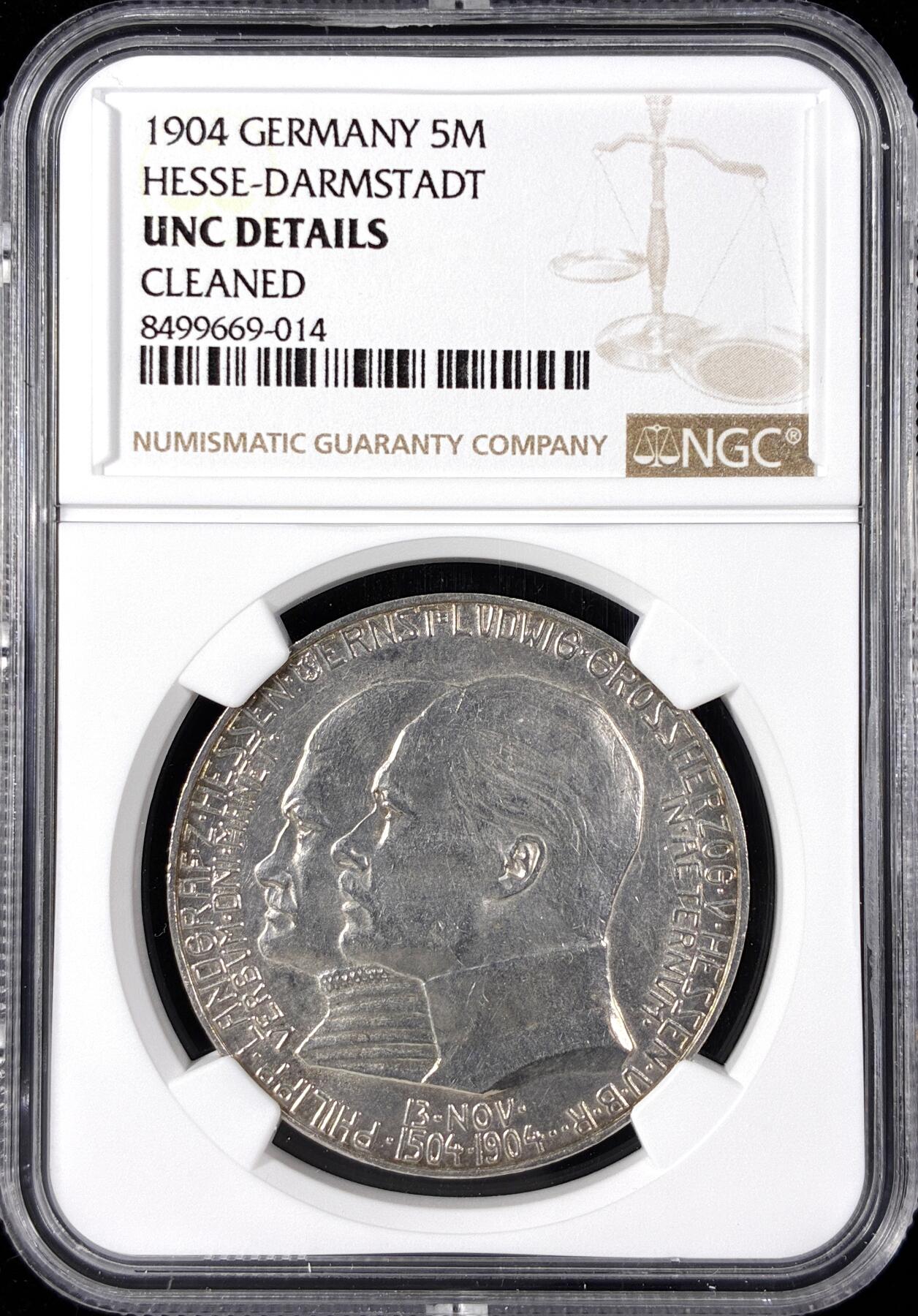 【雨安】【直播拍卖】【第0124期-评级币章】2026-01-17 周六 19:30 [评级德国] Germany 德国 帝国 J.075 黑森-达姆施塔特 5马克 (1904) 腓力一世400周年 1904年  NGC-UNC