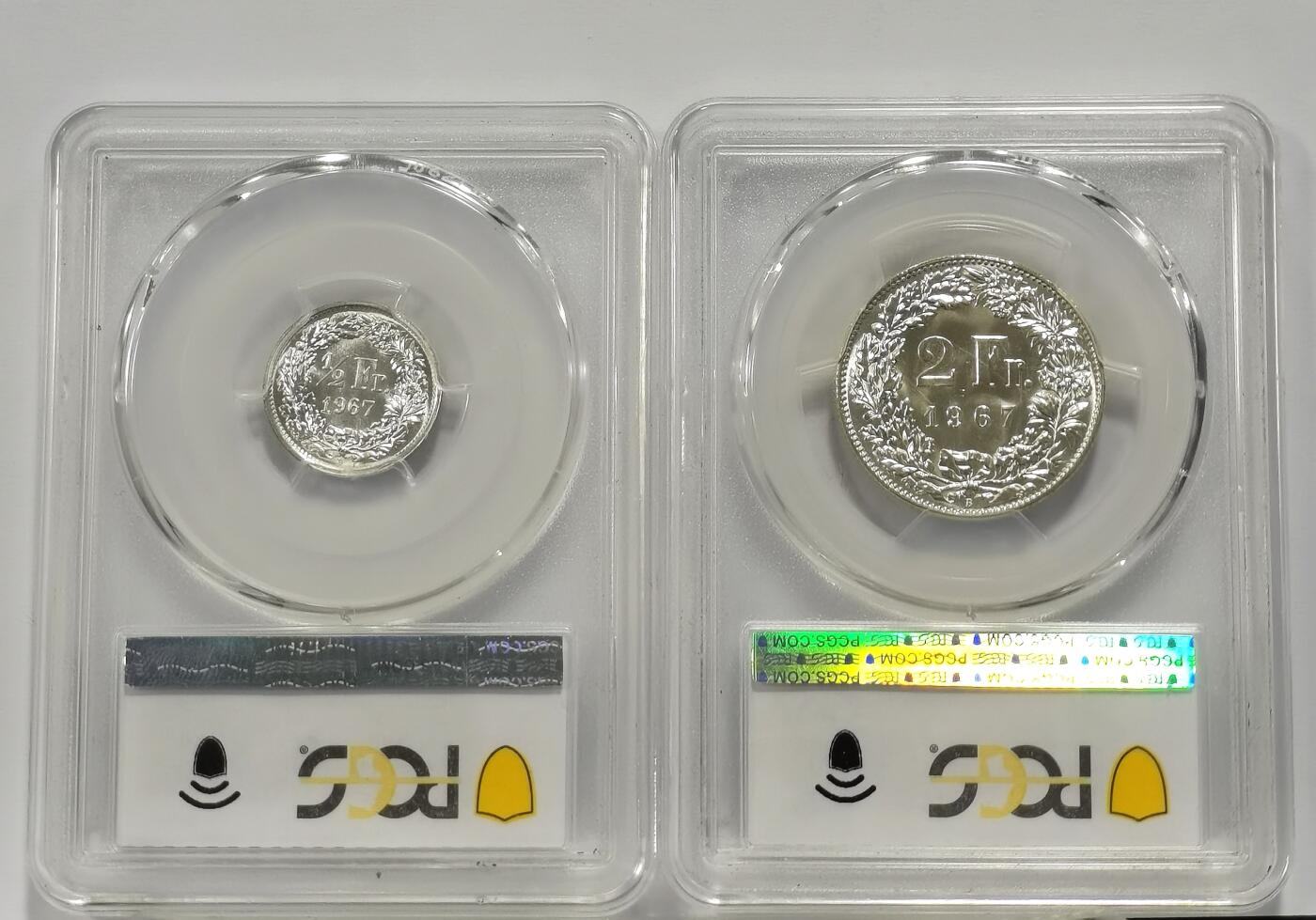博洋堂世界钱币拍卖第157期（全场包邮） PCGS MS65 瑞士1967年1/2法郎、2法郎银币一组2枚