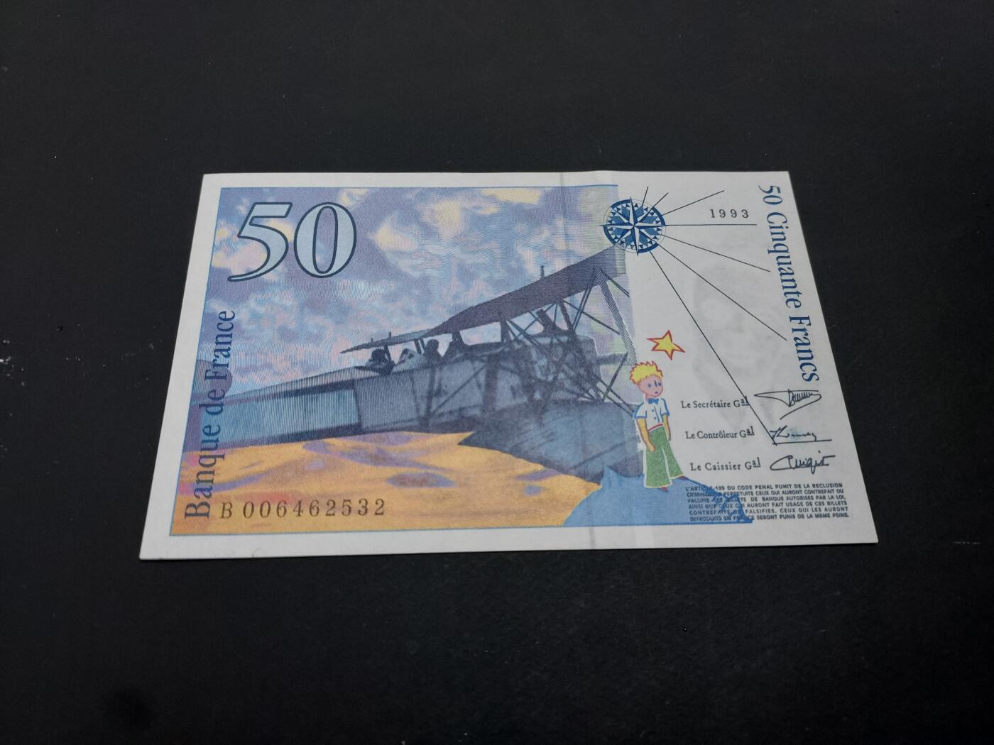 博彦收藏   1月19日 8点 钱币专场 全场包邮 法国 小王子50法郎 UNC 上边有1压印 95品