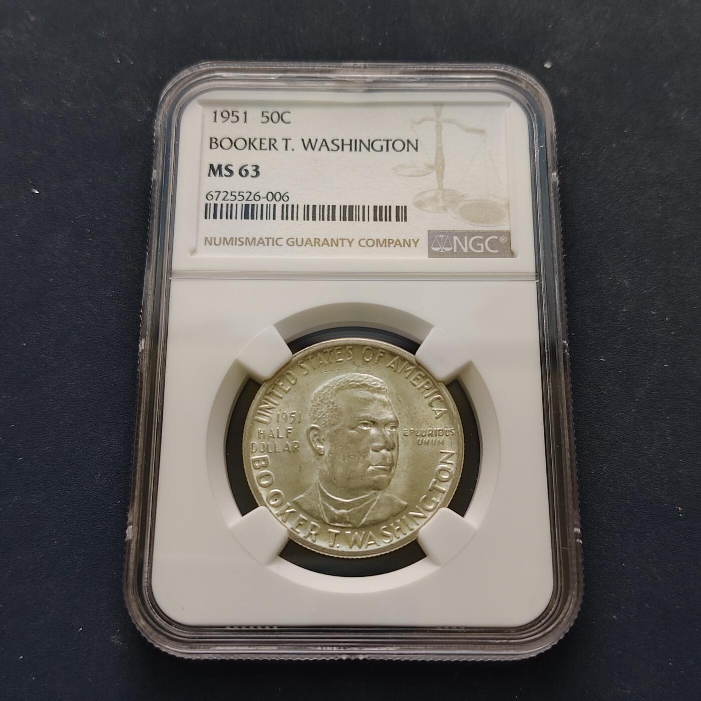 【全场包邮】纯粹捡漏拍495场-持续更新中 美国1951年半元黑人政治家教育家布克华盛顿纪念银币-NGC MS63