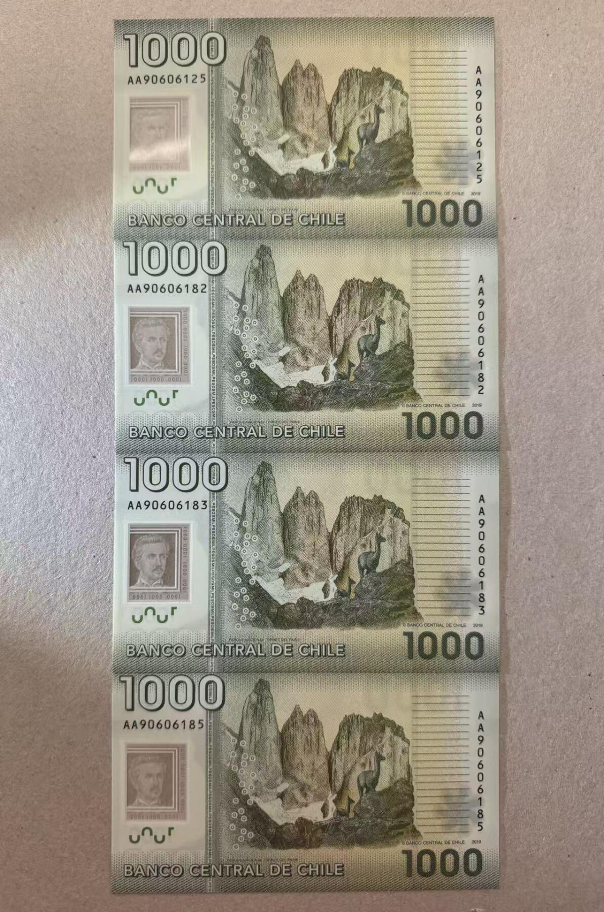 【Blue Auction】世界纸币精拍第776期——18级TOP拍卖/信誉/品质/专业/高效💫 【一组4张AA冠无47】智利 1000比索 全新UNC