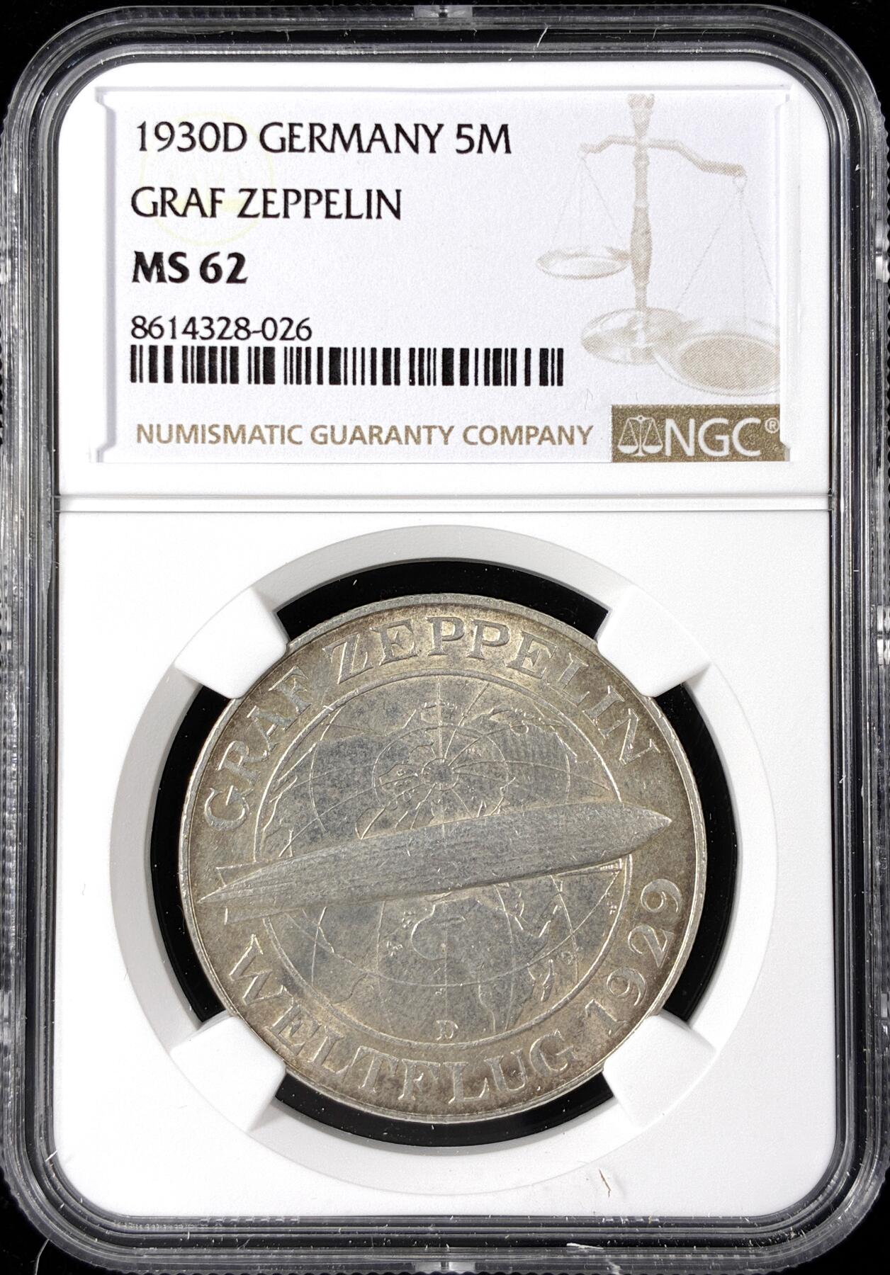 【雨安】【直播拍卖】【第0124期-评级币章】2026-01-17 周六 19:30 [评级德国] Germany 德国 魏玛 5马克 KM#68 飞艇 1930年  NGC-MS62