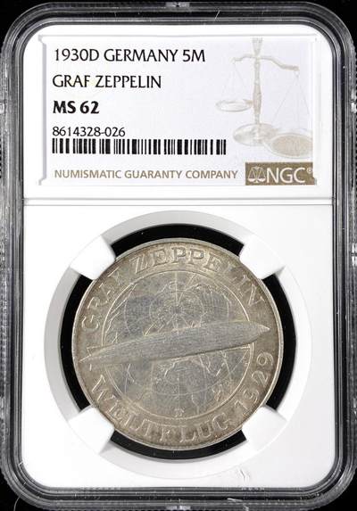 【雨安】【直播拍卖】【第0124期-评级币章】2026-01-17 周六 19:30 - [评级德国] Germany 德国 魏玛 5马克 KM#68 飞艇 1930年  NGC-MS62